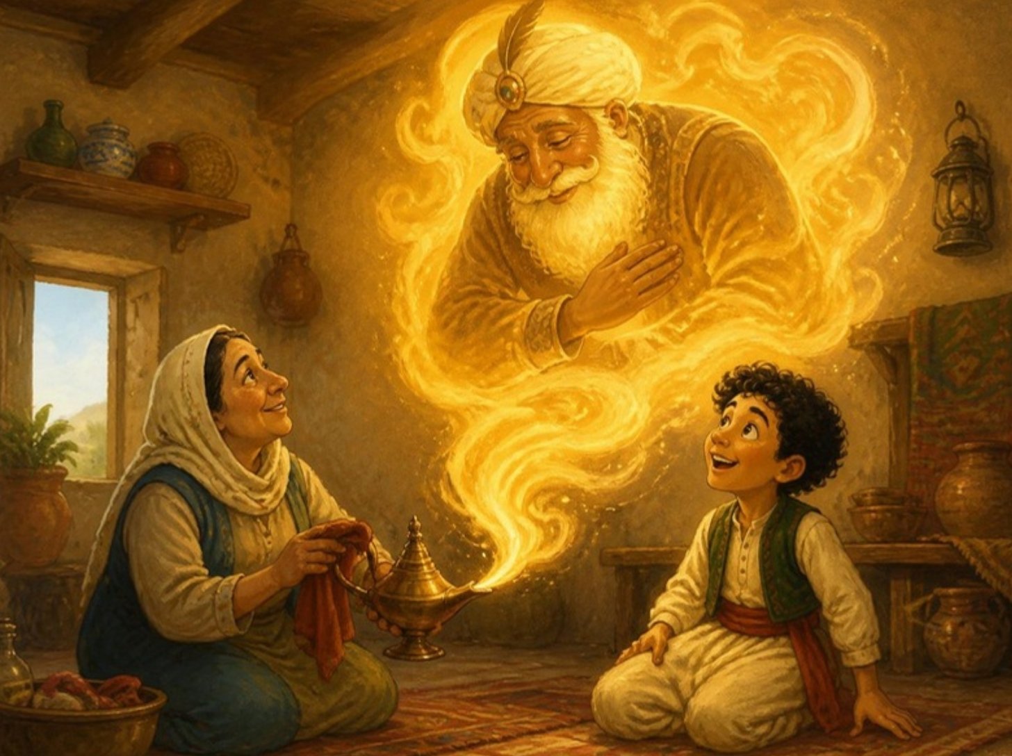 Aladinova majka trlja staru svetiljku, a iz nje izlazi ogromni duh Aladinova majka trlja staru svetiljku, a iz nje izlazi ogromni duh