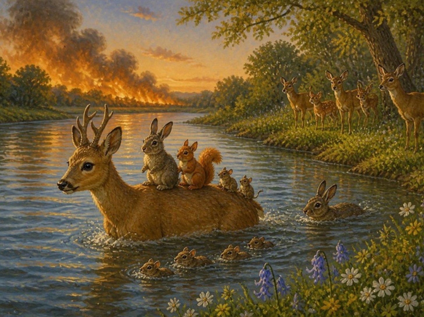 Odrasli Bambi prevodi zeca, vevericu i miševe preko reke na sigurnu obalu Odrasli Bambi prevodi zeca, vevericu i miševe preko reke na sigurnu obalu