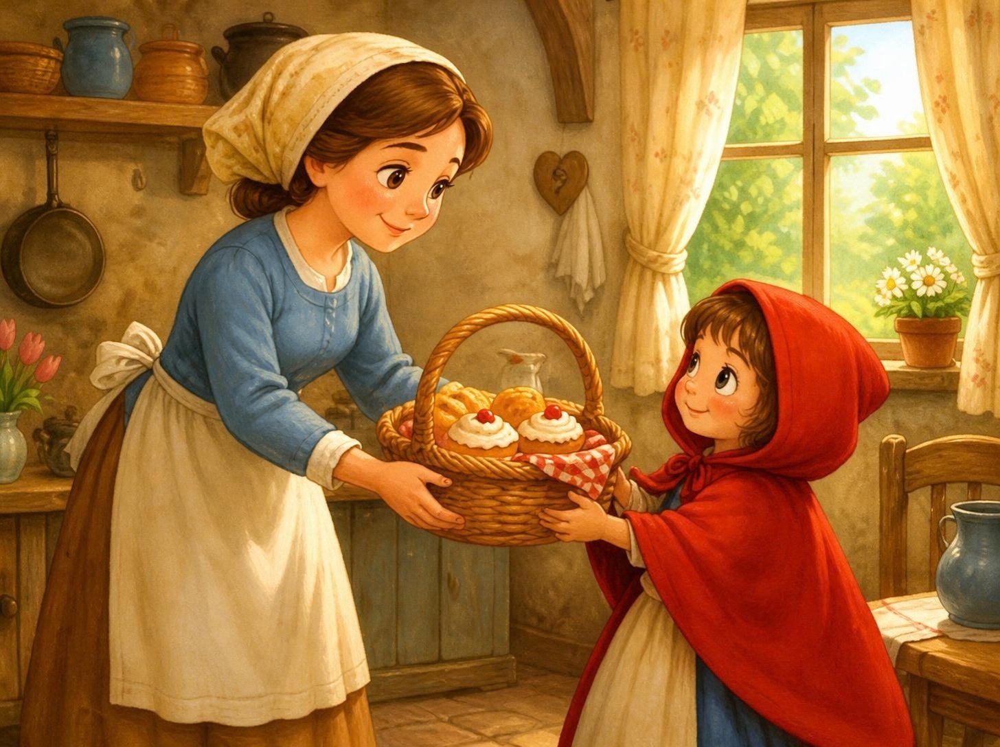 Mama daje Crvenkapi korpu sa kolačima za baku