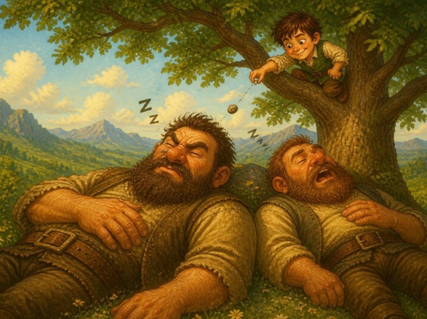 Krojač sa krošnje baca kamenčić na dva džina koji hrču ispod drveta Krojač sa krošnje baca kamenčić na dva džina koji hrču ispod drveta