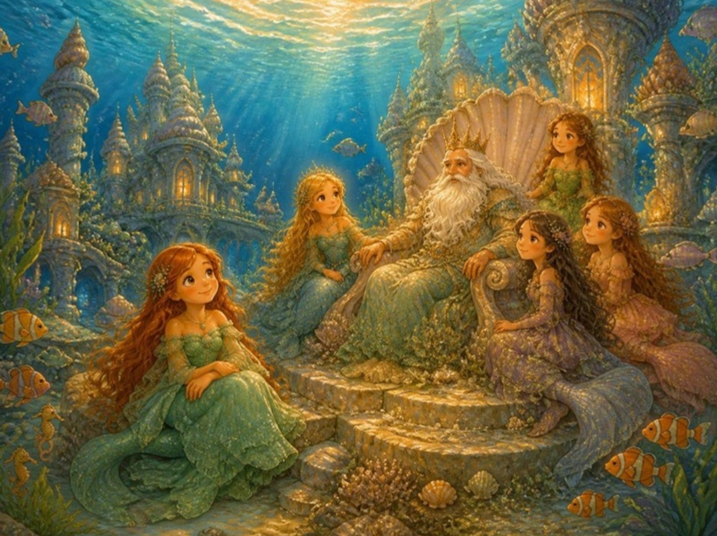 Kralj mora sa kćerima sirenama u podvodnoj palati, a Mala Sirena sanjivo gleda ka površini