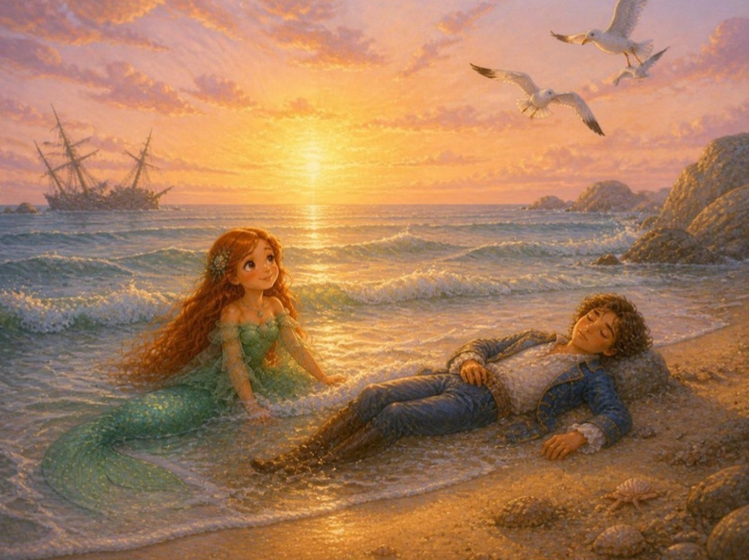 Mala Sirena u svitanje bdi nad spasenim mladićem na obali, a u daljini je polomljeni brod