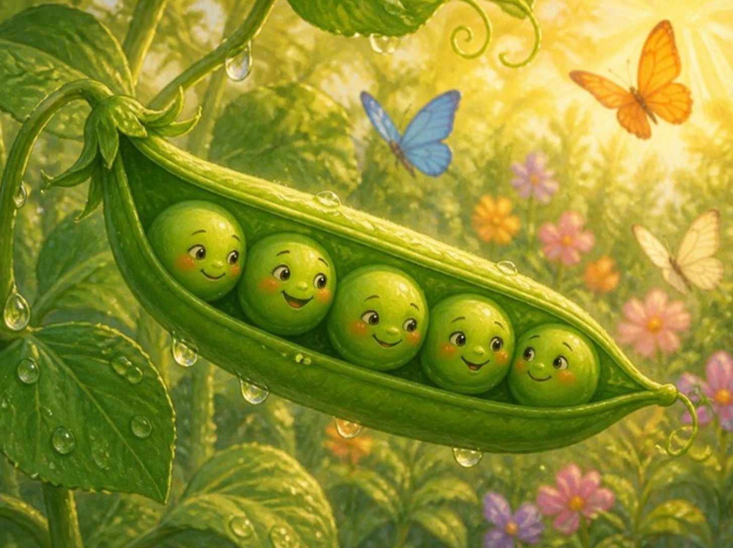 Pet nasmejanih graškovih zrna sedi u mahuni jedno uz drugo i maštaju o velikom svetu Pet nasmejanih graškovih zrna sedi u mahuni jedno uz drugo i maštaju o velikom svetu