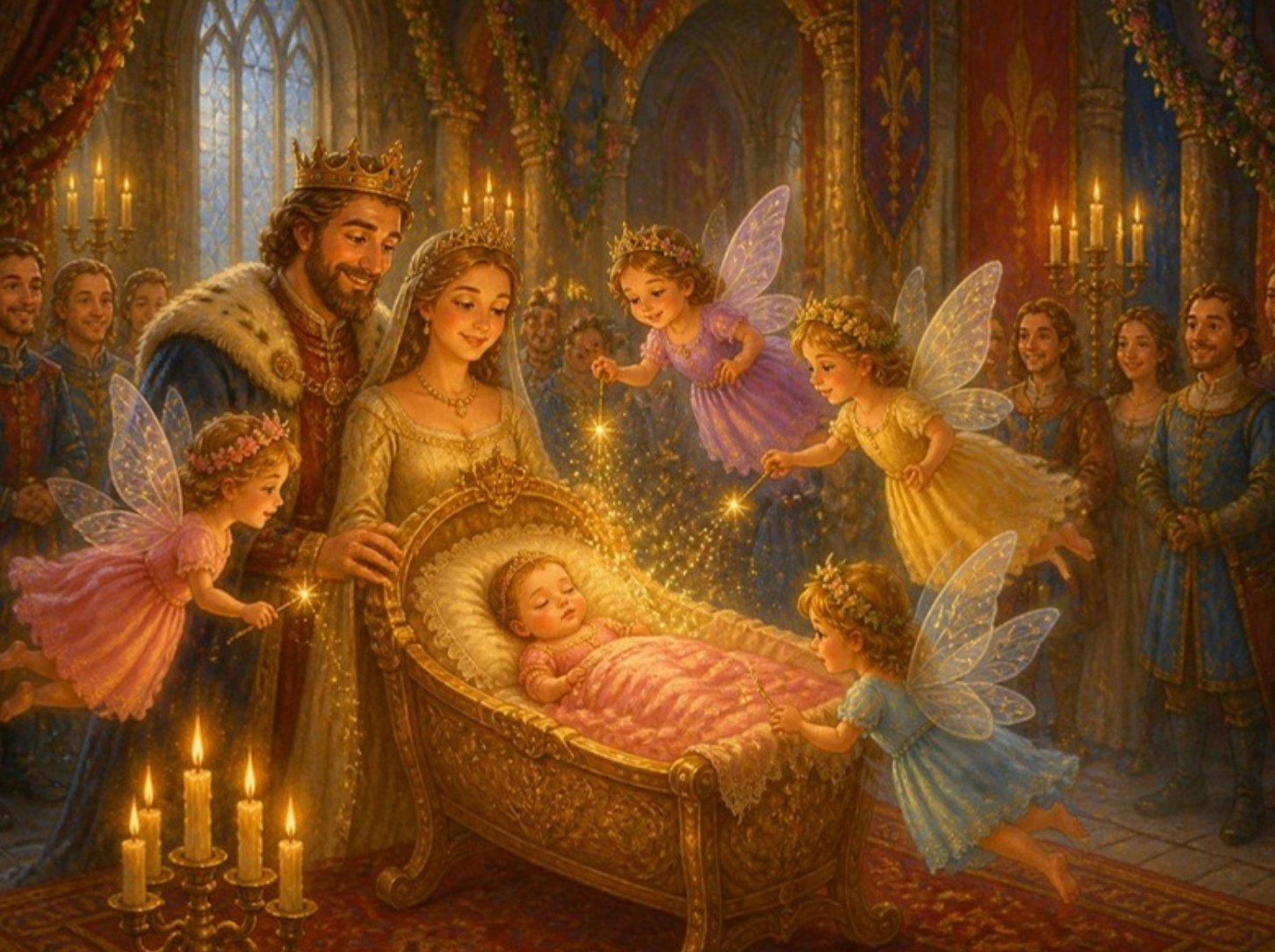 Vile izgovaraju lepe želje maloj princezi u kolevci, a kralj i kraljica se raduju Vile izgovaraju lepe želje maloj princezi u kolevci, a kralj i kraljica se raduju