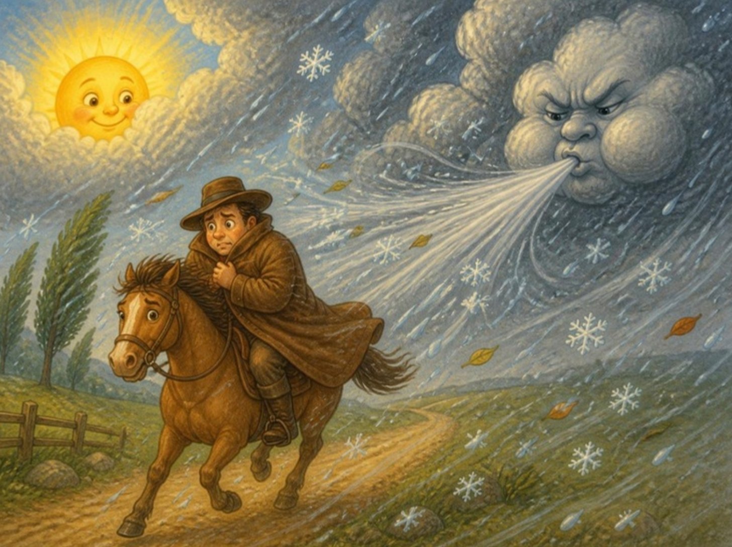 Severac duva iz sve snage, a putnik na konju se čvrsto umotava u ogrtač dok Sunce posmatra iza oblaka Severac duva iz sve snage, a putnik na konju se čvrsto umotava u ogrtač dok Sunce posmatra iza oblaka