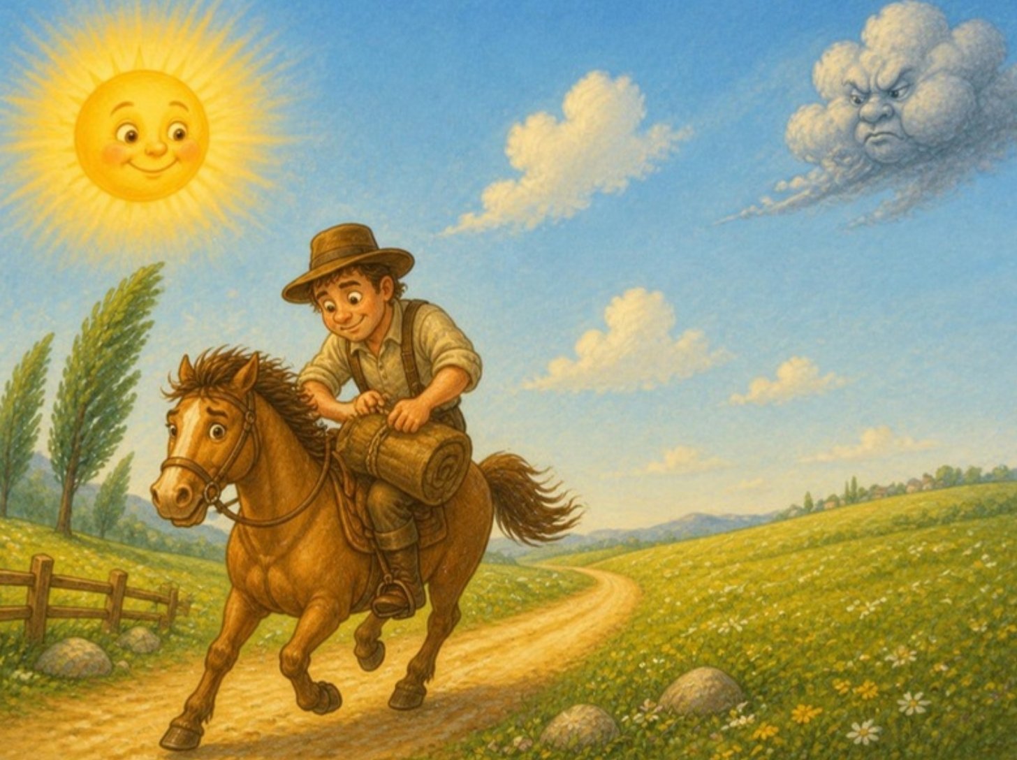 Sunce sija na vedrom nebu, a nasmejani putnik je skinuo ogrtač i vezuje ga za sedlo Sunce sija na vedrom nebu, a nasmejani putnik je skinuo ogrtač i vezuje ga za sedlo