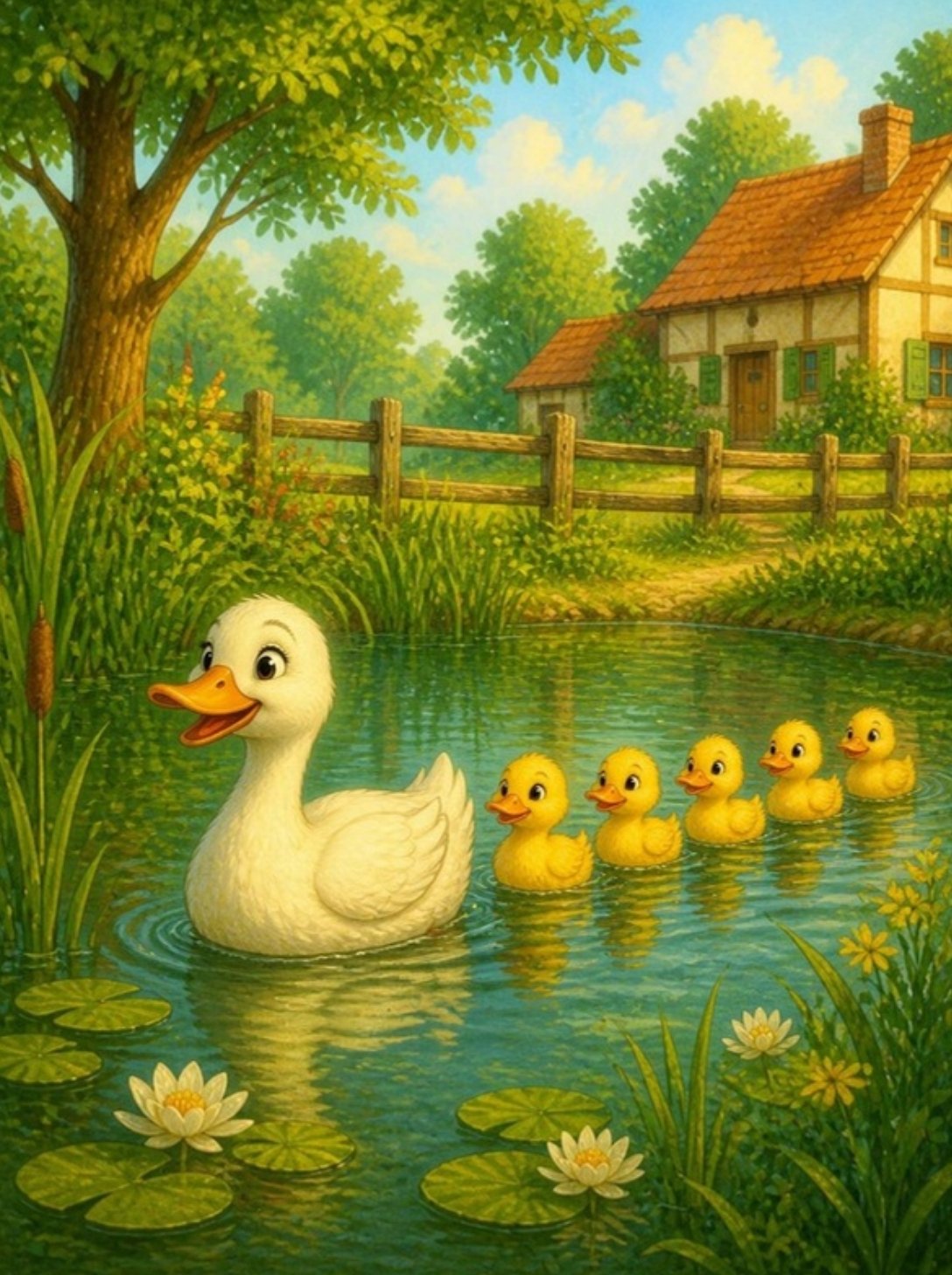 Bela patka pliva seoskim ribnjakom, a za njom u koloni pet žutih pačića