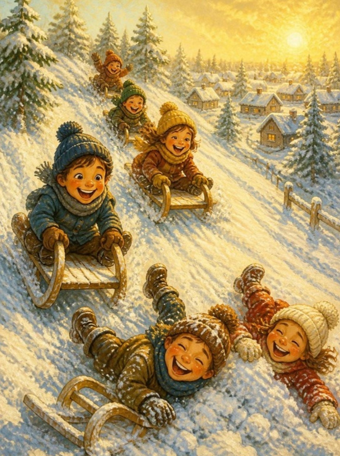 Nasmejana deca jure sankama niz snežno brdo, a neki se preturaju u sneg