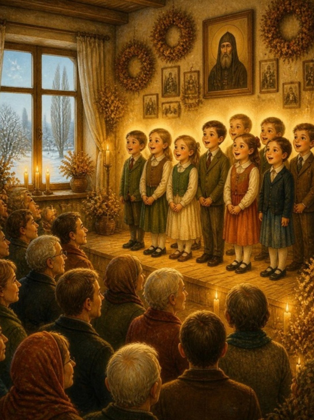 Đaci pevaju na školskoj slavi pred roditeljima, a iznad njih su ikona, sveće i suvi venčići