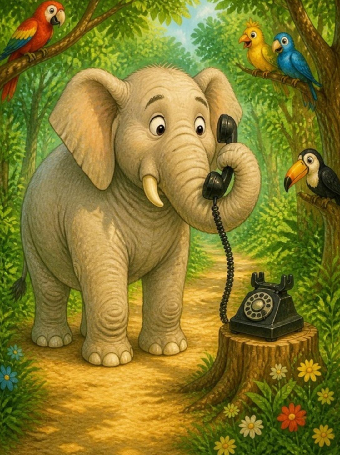 Beli slon na putu kroz prašumu razgovara na crni telefon