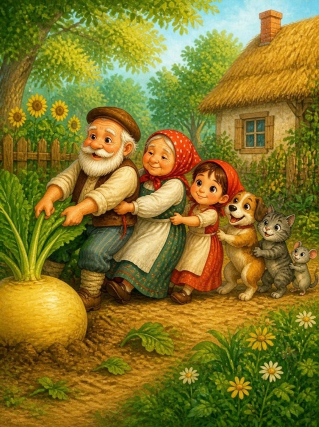 Deda, baka, unuka, kuca, maca i miš zajedno vuku ogromnu repu